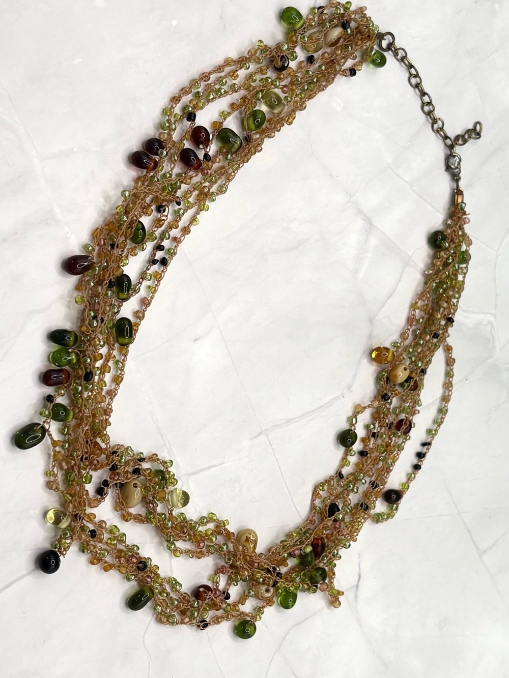 Vintage Multi Strand Crocheted Fiber Bead Necklace Earth Tone Peridot 27.5"
